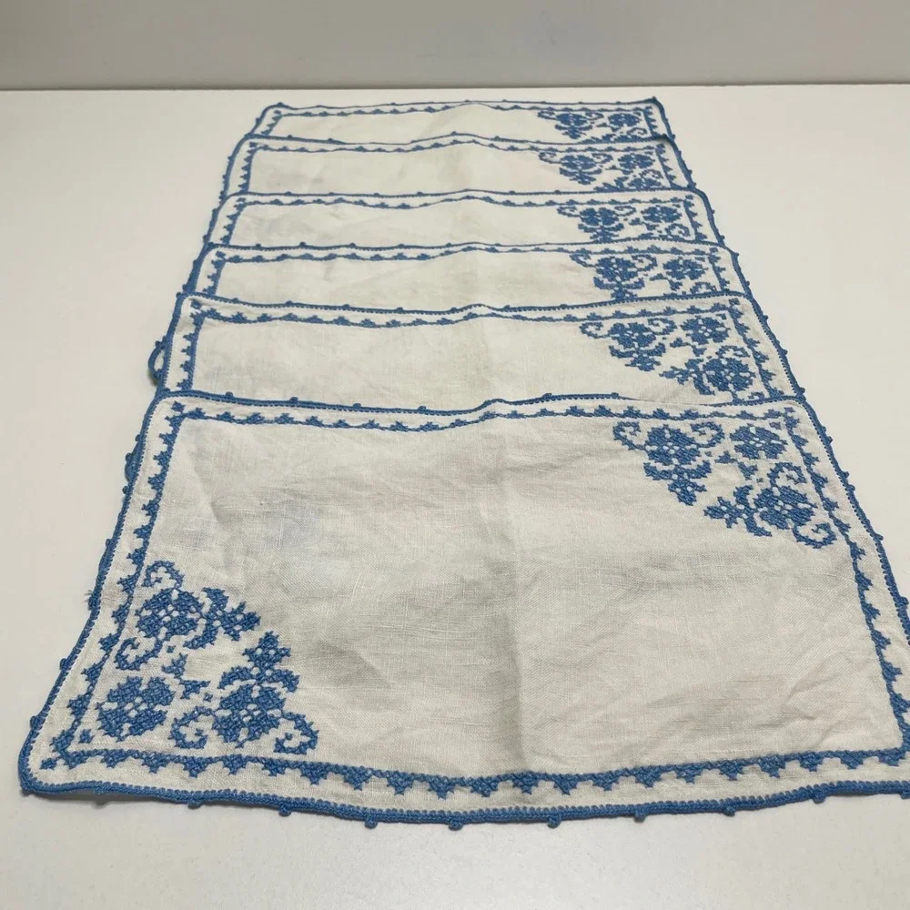 Vintage Handmade Blue Cross Stitch Linen Placemats Set 6 Floral Crocheted Edge